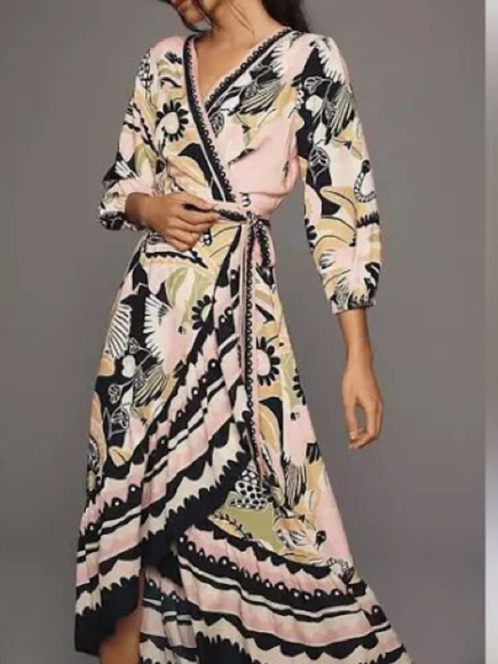 FARM Rio Pink Black Floral Wrap Maxi Dress